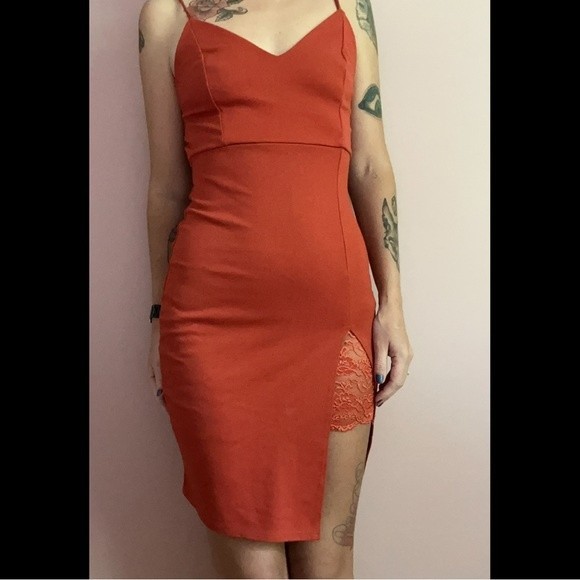 Orange Dress with Side Slit & Lace Detail, Medium, Sleeveless, Spaghetti Straps - Picture 2 of 13